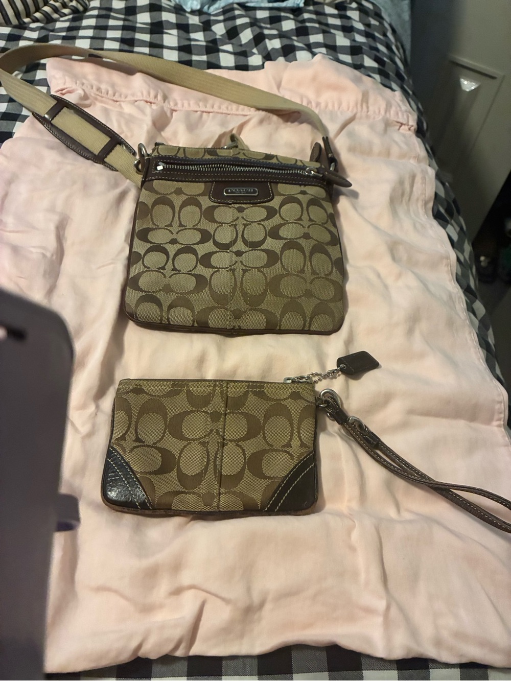 Coach Khaki/Brown Signature Crossbody with Matching Wristlet